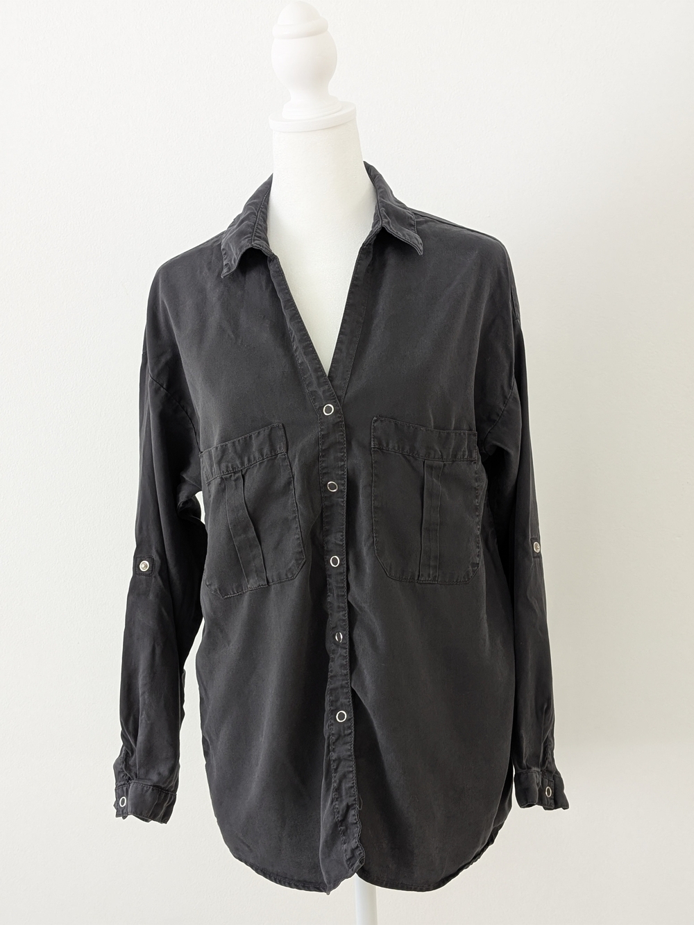 Zara Tencel Shirt Women M Dark Gray Snap Button-Front Dual Chest Shirt Jacket
